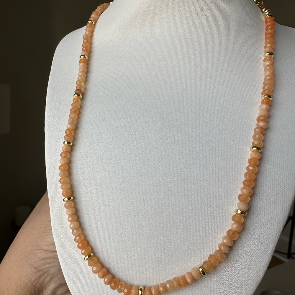Handcrafted Sunstone Gemstone Beaded Necklace with Gold Accents